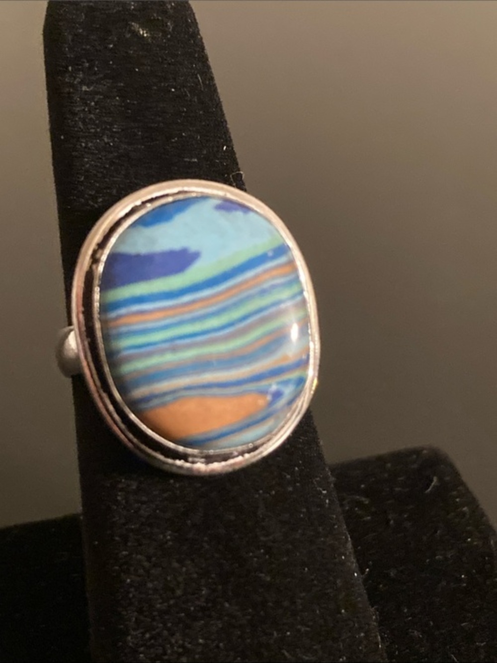 Striped Blue and Orange Oval Statement Ring size 6